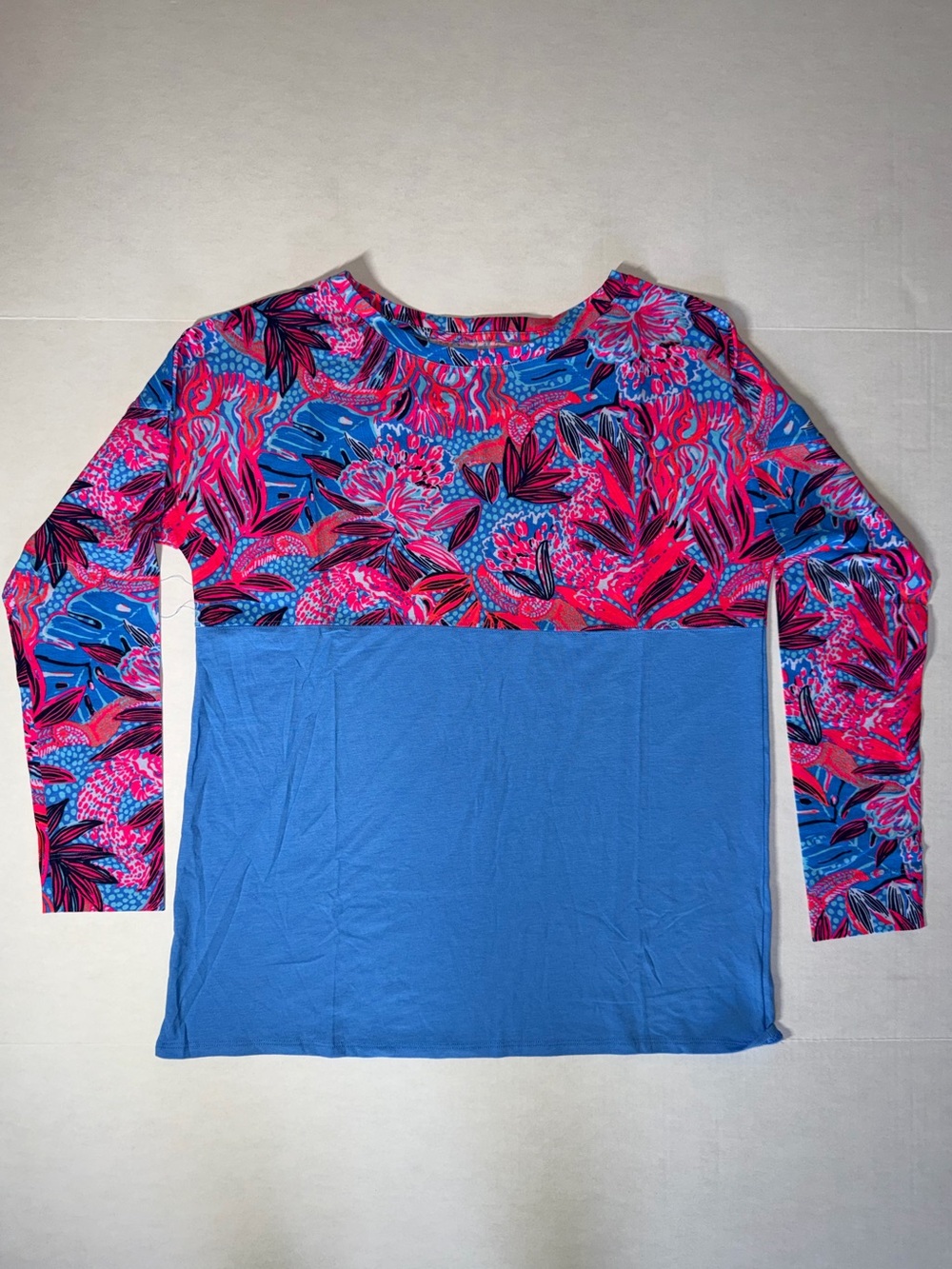 Lilly Pulitzer Blue Top with Pink Floral Yoke - Long Sleeve